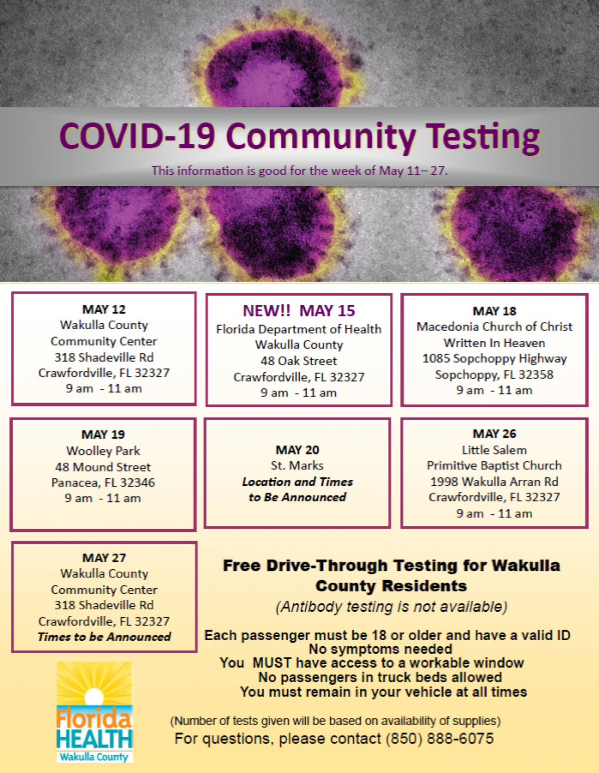 Wakulla County COVID-19 testing dates and locations