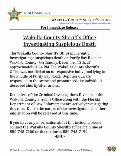 Purify Bay Road Death Investigation